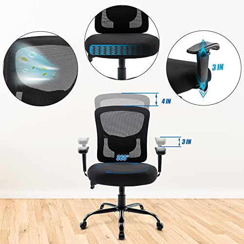 Bigroof Big and Tall Office Chair 400lbs, Ergonomic Mesh Desk Computer Chair with Adjustable Lumbar Support Arms High Back Wide Seat Task Executive Rolling Swivel Chair for Women Men, Heavy People