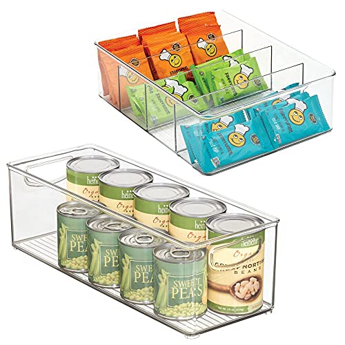 mDesign Kitchen Plastic Storage Organizer Combo Set of 2 Bins - For Kitchen, Pantry, Cabinet, Fridge/Freezer for Organizing Snacks, Produce, Vegetables, Pasta Food, 2 Piece Set - Clear