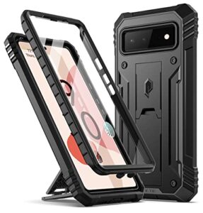 poetic revolution case for google pixel 6 5g, built-in screen protector work with fingerprint id, full body rugged shockproof protective cover case with kickstand, black