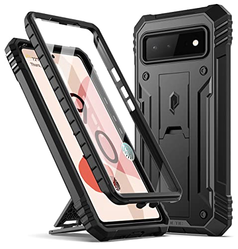 Poetic Revolution Case for Google Pixel 6 5G, Built-in Screen Protector Work with Fingerprint ID, Full Body Rugged Shockproof Protective Cover Case with Kickstand, Black