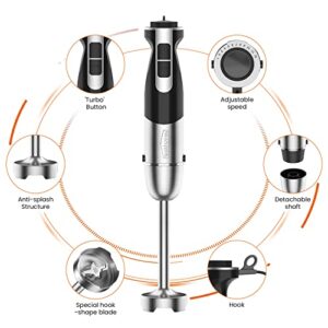 healthomse 5-In-1 Immersion Blender 800W 12-Speed Stainless Steel Hand Blender with Milk Frother, Egg Whisk, BPA-Free 500ml Chopper and 700ml Beaker with Lid for Soup, Smoothie, Baby Food