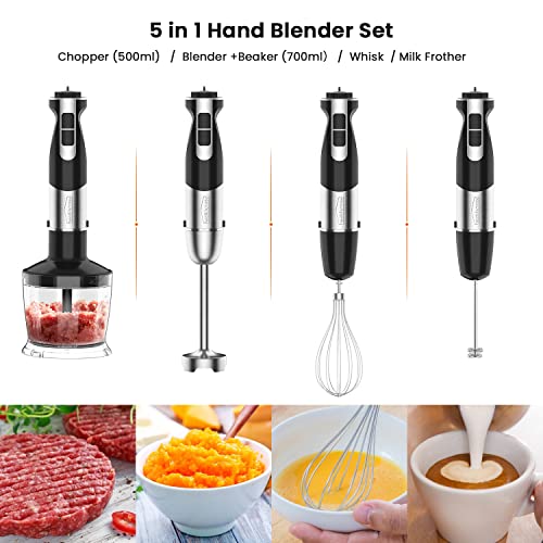 healthomse 5-In-1 Immersion Blender 800W 12-Speed Stainless Steel Hand Blender with Milk Frother, Egg Whisk, BPA-Free 500ml Chopper and 700ml Beaker with Lid for Soup, Smoothie, Baby Food