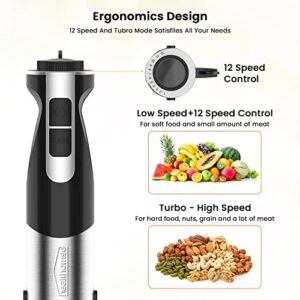 healthomse 5-In-1 Immersion Blender 800W 12-Speed Stainless Steel Hand Blender with Milk Frother, Egg Whisk, BPA-Free 500ml Chopper and 700ml Beaker with Lid for Soup, Smoothie, Baby Food