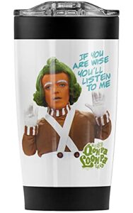 willy wonka oompa loompa listen stainless steel tumbler 20 oz coffee travel mug/cup, vacuum insulated & double wall with leakproof sliding lid | great for hot drinks and cold beverages