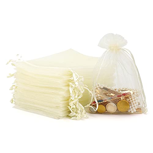 LGCLGY 100PCS Organza bags 4 x 6 inch, Mesh Jewelry Bag, Organza Drawstring Bags, Wedding Favor Bags With Drawstring, Jewelry Bags/Pouches for Wedding Party Christmas Favor Gift Bags (Beige)