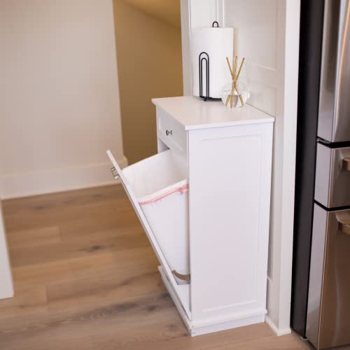 Trash Bin Cabinet | Tilt Out Dog Proof Trash Can Holder Kitchen Recycling Cabinet with Hideaway Drawer add Countertop Space (White) 35.5” H x 13.5” D x 20” W