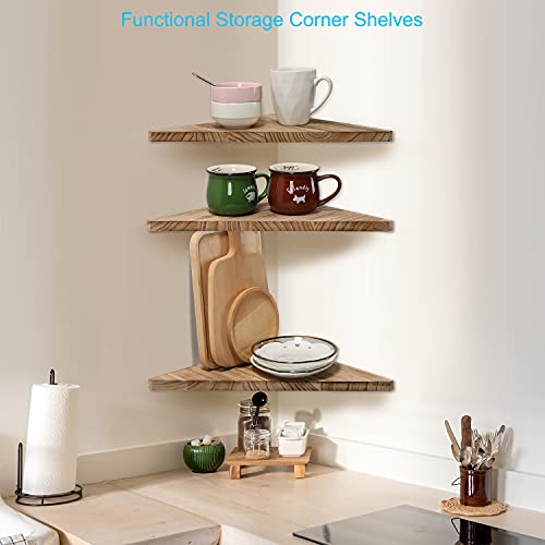 Joiishom Corner Wall Shelf Set of 3, Floating Corner Shelves for Wall, Rustic Wood Wall Storage Display Shelves for Living Room Bedroom Bathroom Kitchen (Carbonized Wood)