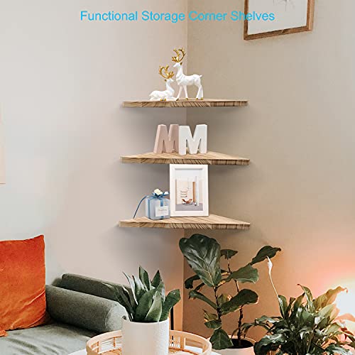 Joiishom Corner Wall Shelf Set of 3, Floating Corner Shelves for Wall, Rustic Wood Wall Storage Display Shelves for Living Room Bedroom Bathroom Kitchen (Carbonized Wood)