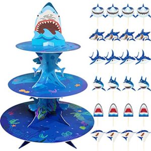 3 tiers shark cardboard cupcake stand birthday party supplies, cupcake dessert cupcake holder with 24pcs cupcake toppers for kids boys girls ocean birthday party, baby shower, shark party decorations