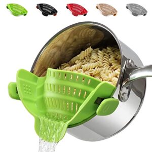 upgraded clip on pot strainer silicone colander hands-free drainer kitchen gadgets, heat resistant for pasta spaghetti meat grease fits pots pans bowls, green