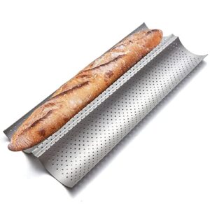kitessensu nonstick baguette pans for french bread baking, perforated 2 loaves baguettes bakery tray, 15" x 6.3", silver