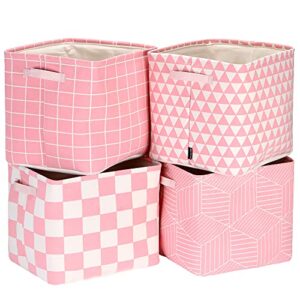 sea team foldable large square new pink and white geometric theme 100% natural linen & cotton fabric storage bins storage baskets organizers for shelves & desks - set of 4 (pink)