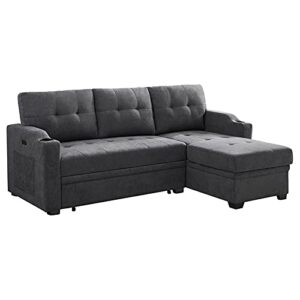 lilola home mabel dark gray woven fabric sleeper sectional with cupholder, usb charging port and pocket