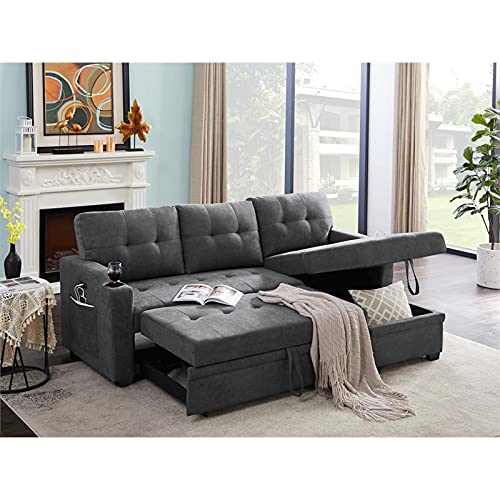 Lilola Home Mabel Dark Gray Woven Fabric Sleeper Sectional with cupholder, USB Charging Port and Pocket