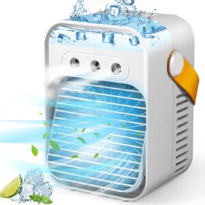 portable air conditioner fan,personal evaporative air cooler quiet desk fan with handle,rechargeable humidifier with 7 colors light,3 speeds & 3 spray modes for room office home travel,white 2021s