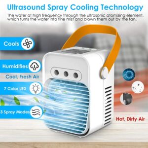 Portable Air Conditioner Fan,Personal Evaporative Air Cooler Quiet Desk Fan with Handle,Rechargeable Humidifier with 7 Colors Light,3 Speeds & 3 Spray Modes for Room Office Home Travel,White 2021s