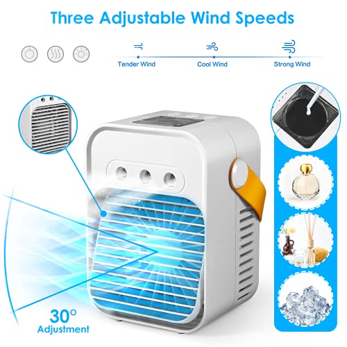 Portable Air Conditioner Fan,Personal Evaporative Air Cooler Quiet Desk Fan with Handle,Rechargeable Humidifier with 7 Colors Light,3 Speeds & 3 Spray Modes for Room Office Home Travel,White 2021s