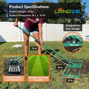 Landzie and Ryan Knorr Lawn Care 36 Inch Wide 72 Inch Handle Powder Coated Yard, Lawn, and Garden Leveler Rake with Powder Coated Finish