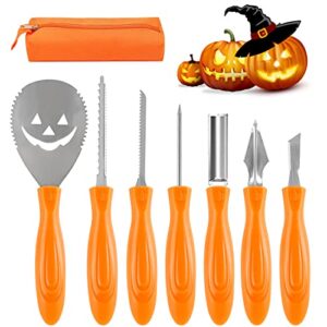 halloween pumpkin carving kit, 7 pcs stainless steel professional pumpkin cutting carving supplies tools kit, pumpkin carving set with carrying case