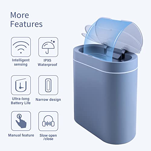 ELPHECO 2.5 Gallon Motion Sensor Bathroom Trash Can with Lid, Automatic Garbage Bin for Bathroom, Slim Plastic Narrow Bedroom Bathroom Trash Bin Garbage Can,Grey