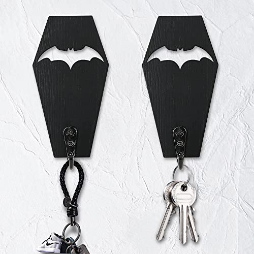 Ella & Emma Wall Mounted Mini Coffin Bat Decor Key Holder, Gothic House Decor, Can Be Used as a Towel, Mug Holder, Gothic Room Decor, Wood Key Hook, Key Hanger, Hanging Wooden Hooks (Pack of 2)