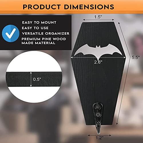 Ella & Emma Wall Mounted Mini Coffin Bat Decor Key Holder, Gothic House Decor, Can Be Used as a Towel, Mug Holder, Gothic Room Decor, Wood Key Hook, Key Hanger, Hanging Wooden Hooks (Pack of 2)