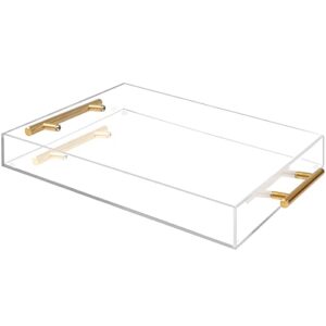 11x14 clear acrylic tray with gold handle,rectangular acrylic decorative tray for home decor,party,ottoman,makeup,spill-proof acrylic serving tray for food,breakfast,coffee