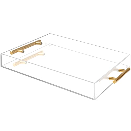 11x14 Clear Acrylic Tray with Gold Handle,Rectangular Acrylic Decorative Tray for Home Decor,Party,Ottoman,Makeup,Spill-Proof Acrylic Serving Tray for Food,Breakfast,Coffee