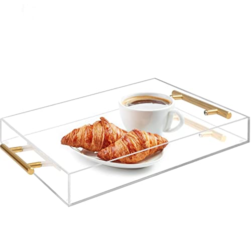11x14 Clear Acrylic Tray with Gold Handle,Rectangular Acrylic Decorative Tray for Home Decor,Party,Ottoman,Makeup,Spill-Proof Acrylic Serving Tray for Food,Breakfast,Coffee