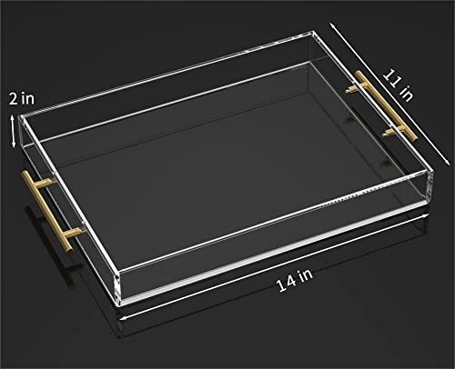 11x14 Clear Acrylic Tray with Gold Handle,Rectangular Acrylic Decorative Tray for Home Decor,Party,Ottoman,Makeup,Spill-Proof Acrylic Serving Tray for Food,Breakfast,Coffee