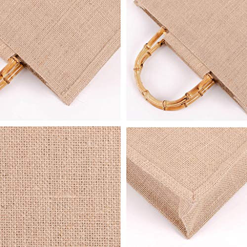 Kingjinglo Portable Burlap Jute Shopping Bag Handbag Bamboo Loop Handles Reusable Tote Grocery Bags for Women Girls