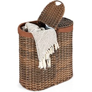 mat expert rattan laundry hampers, laundry baskets with 2 detachable canvas bags, divided laundry hamper with lids & handles, handwoven oval landry bin, clothes hamper for laundry room/bedroom (brown)