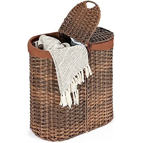 MAT EXPERT Rattan Laundry Hampers, Laundry Baskets with 2 Detachable Canvas Bags, Divided Laundry Hamper with Lids & Handles, Handwoven Oval Landry Bin, Clothes Hamper for Laundry Room/Bedroom (Brown)