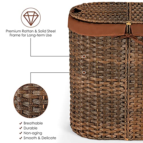 MAT EXPERT Rattan Laundry Hampers, Laundry Baskets with 2 Detachable Canvas Bags, Divided Laundry Hamper with Lids & Handles, Handwoven Oval Landry Bin, Clothes Hamper for Laundry Room/Bedroom (Brown)