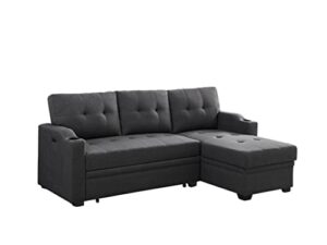 lilola home mabel dark gray linen fabric sleeper sectional with cupholder, usb charging port and pocket