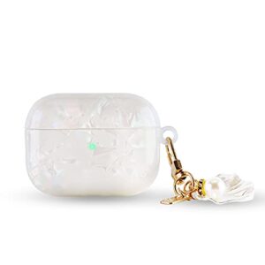 airpods pro case with shell pearl keychain, cute airpods pro 3 protective cover skin for girl women men glitter soft tpu case compatible with apple airpod pro 2019 (white pearlescent)