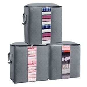 3 pieces 90l blanket storage clothing storage bag foldable non-woven bag reinforced transparent window moisture-proof and waterproof reinforced handle double-stitched zipper gray