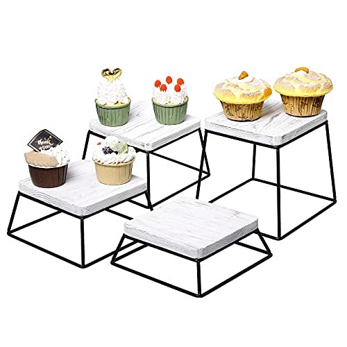 MyGift Cake Display Stand, Whitewashed Wood & Black Metal Square Cupcake Stands Dessert Risers/Retail Display Pedestals, Set of 4