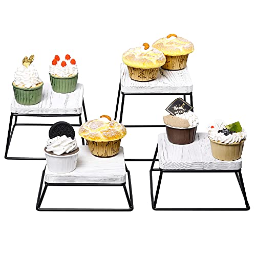 MyGift Cake Display Stand, Whitewashed Wood & Black Metal Square Cupcake Stands Dessert Risers/Retail Display Pedestals, Set of 4