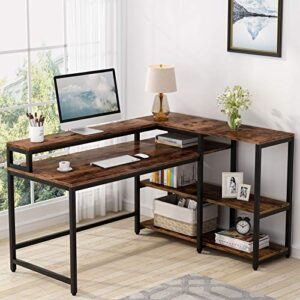 tribesigns 55 inch reversible l shaped computer desk with storage shelf, industrial corner desk with shelves and monitor stand, study writing table for home office (55" d x 41" w, rustic brown)