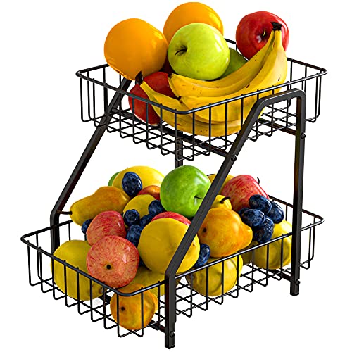 MaraFansie 2-Tier Fruit Basket Countertop Fruit Bowl Bread Basket Vegetable Holder Storage Stand, Black