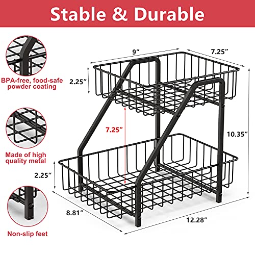 MaraFansie 2-Tier Fruit Basket Countertop Fruit Bowl Bread Basket Vegetable Holder Storage Stand, Black