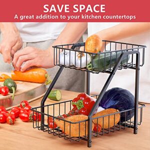 MaraFansie 2-Tier Fruit Basket Countertop Fruit Bowl Bread Basket Vegetable Holder Storage Stand, Black