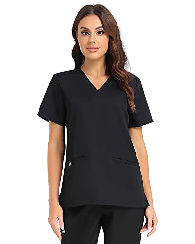 COMENII Scrub Tops for Women, 3 Pocket Soft V-Neck Tailored Fit Workwear, Anti-Wrinkle Medical Scrubs for Women（Black M）