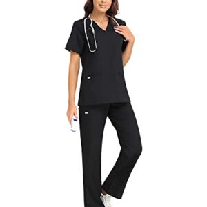 COMENII Scrub Tops for Women, 3 Pocket Soft V-Neck Tailored Fit Workwear, Anti-Wrinkle Medical Scrubs for Women（Black M）