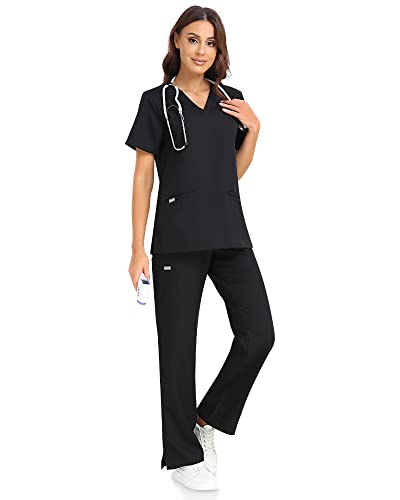 COMENII Scrub Tops for Women, 3 Pocket Soft V-Neck Tailored Fit Workwear, Anti-Wrinkle Medical Scrubs for Women（Black M）