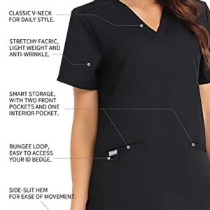 COMENII Scrub Tops for Women, 3 Pocket Soft V-Neck Tailored Fit Workwear, Anti-Wrinkle Medical Scrubs for Women（Black M）