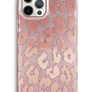 J.west Case Compatible with iPhone 12 Pro Max 6.7-inch, Luxury Saprkle Bling Glitter Leopard Print Design Soft Metallic Slim Protective Phone Cases for Women Girls TPU Silicone Cover Case Rose Gold