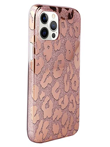 J.west Case Compatible with iPhone 12 Pro Max 6.7-inch, Luxury Saprkle Bling Glitter Leopard Print Design Soft Metallic Slim Protective Phone Cases for Women Girls TPU Silicone Cover Case Rose Gold