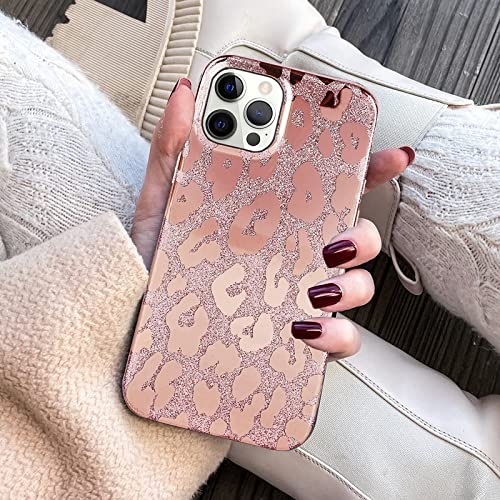 J.west Case Compatible with iPhone 12 Pro Max 6.7-inch, Luxury Saprkle Bling Glitter Leopard Print Design Soft Metallic Slim Protective Phone Cases for Women Girls TPU Silicone Cover Case Rose Gold